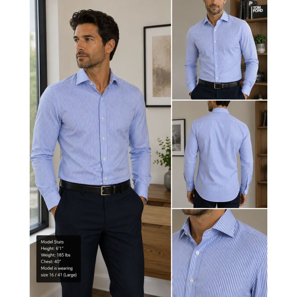 BOSS Hugo Boss Jenno Slim Fit Stretch Dress Shirt Blue Stripe 16 41 Large